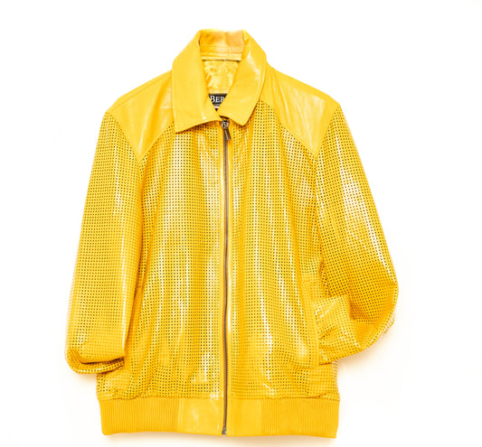 YELLOW PERFORATED LEATHER JACKET WITH REMOVABLE COLLAR - Bernini.com